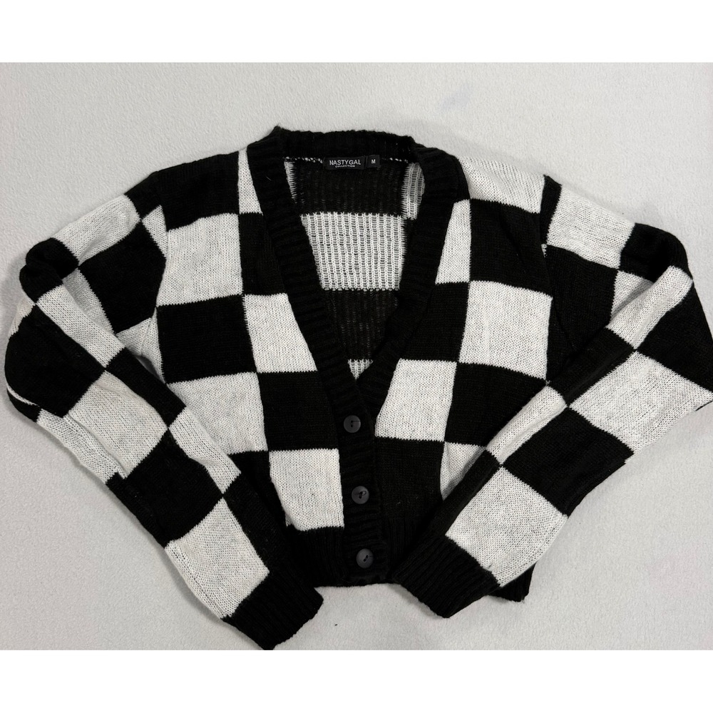Nasty Gal Collection Black White Checkerboard Cropped Cardigan Sweater Medium